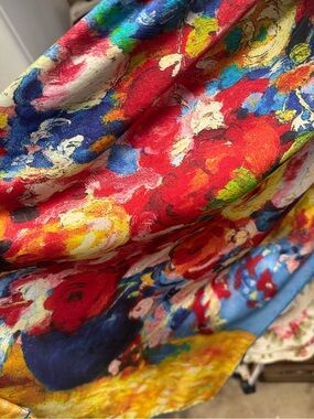 Colorful Floral Print Silk Scarf Wrap - Red, Blue & Multicolor